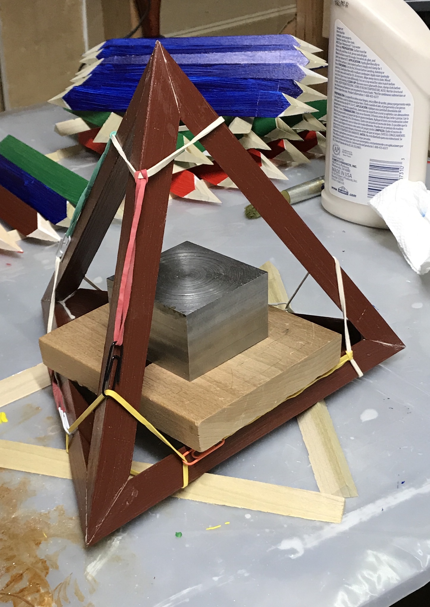 The first tetrahedron glued up and 'clamped''